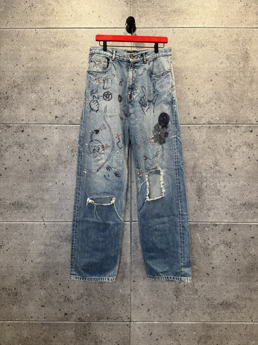 Balenciaga Scribble Rhinestone Distressed Japanese Denim